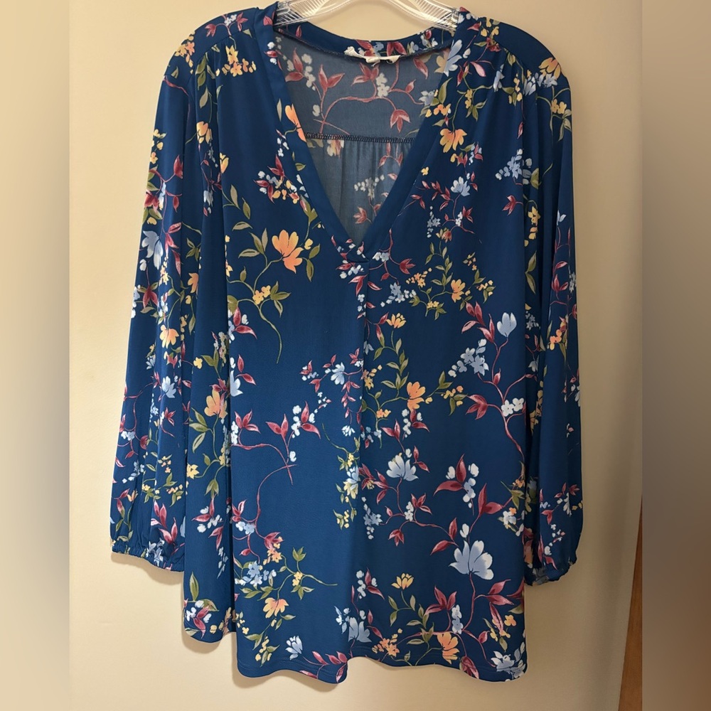 Two by Vince Camuto Floral V-Neck Blouse - Blue and Yellow